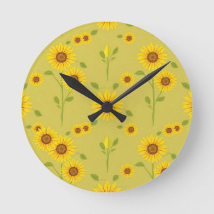 Horloge Ronde Champ de Tournesols Ensoleillé Motif Vert Olive Ru
