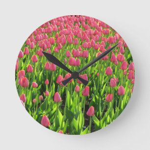 Horloge Ronde Champ de tulipes roses