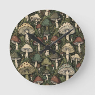 Horloge Ronde Champignons de forêt vintage Cottagecore maussade