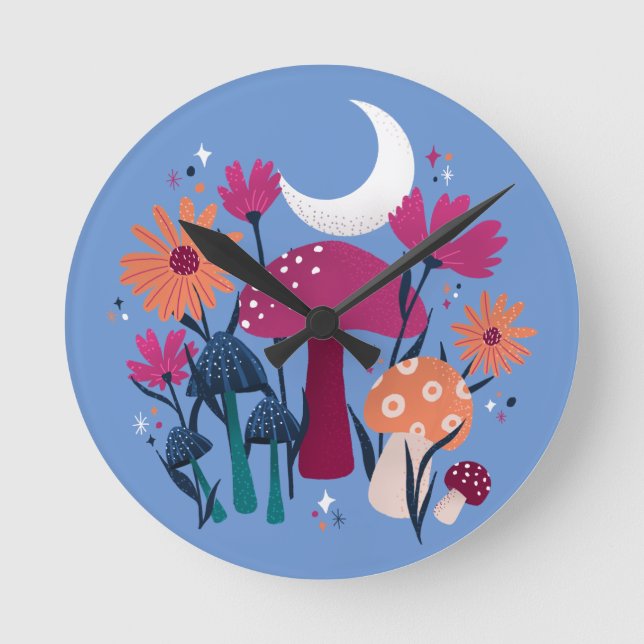 Horloge Ronde Champignons et fleurs - pierre de lune bleu et ros (Recto)