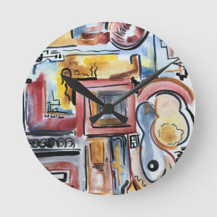 Horloge Ronde Chanter Dans La Cuisine-Art Abstrait Aquarelle