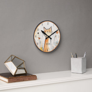 Horloge Ronde Charming Orange Cat in a Garden Illustration