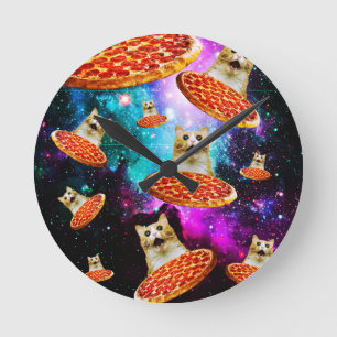 Horloge Ronde Chat à pizza de l'espace amusant