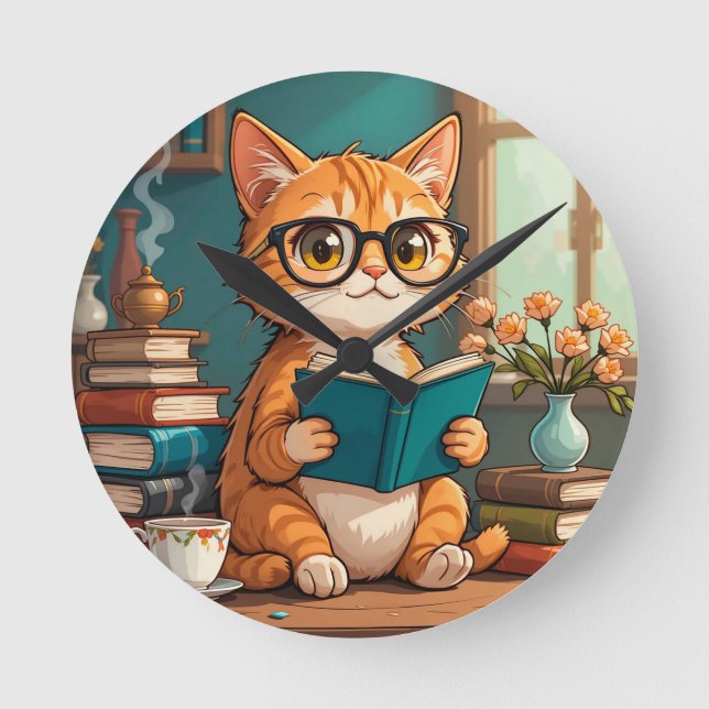 Horloge Ronde Chat adorable portant des lunettes lisant un livre (Recto)