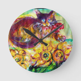HORLOGE RONDE CHAT AVEC RIBBON ROUGE ET SOUFFRES