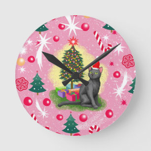 Horloge Ronde Chat de Noël rose