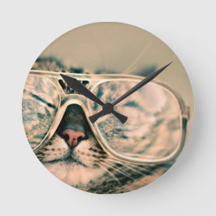 Horloge Ronde Chat drôle avec lunettes