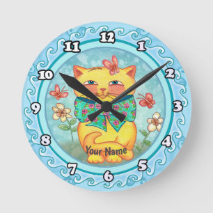 Horloge Ronde Chat Fleurs Jaunes
