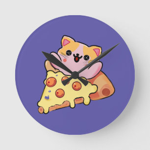Horloge Ronde Chat Kawaii Personnalisé Enlaçant une Pizza au Pep