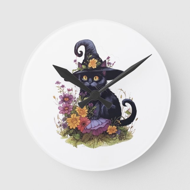 Horloge Ronde chat noir avec cowboy casquette avec fleurs (Recto)