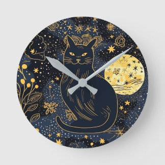Horloge Ronde Chat noir du ciel étoilé