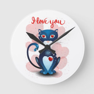 Horloge Ronde Chat noir en amour
