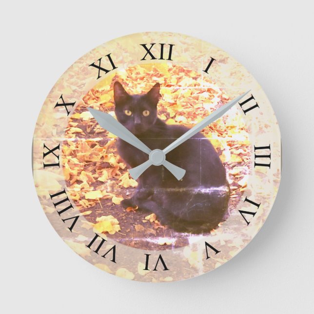 Horloge Ronde Chat noir en automne photo (Recto)