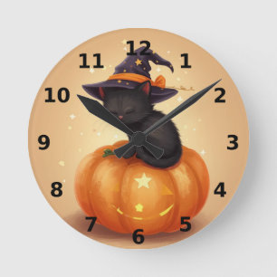 Horloge Ronde Chat noir sur l'horloge murale d'Halloween Citroui