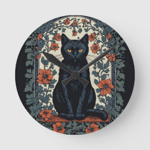 Horloge Ronde Chat noir Vintage Floral
