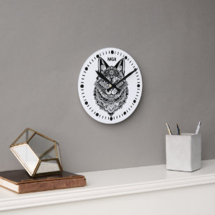 Horloge Ronde Chat ornemental Monogramme personnalisé