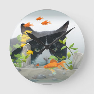 Horloge Ronde Chat scrutant dans l'aquarium