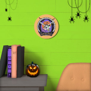 Horloge Ronde Chat squelette pirate mur