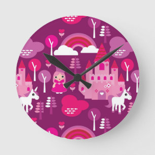 Horloge Ronde château de princesse et arc-en-ciel de licorne