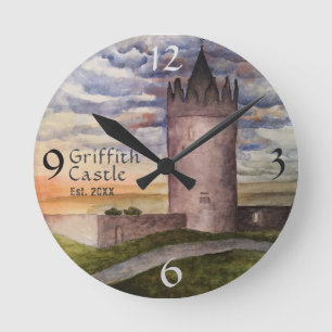 Horloge Ronde Château Irlandais Aquarelle Nom de Famille Année É