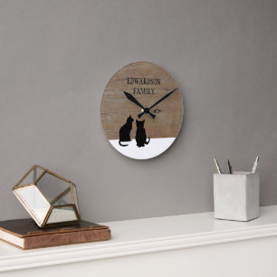 Horloge Ronde Chats noirs modernes silhouettes bois nom de famil