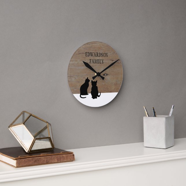 Horloge Ronde Chats noirs modernes silhouettes bois nom de famil (Bureau)