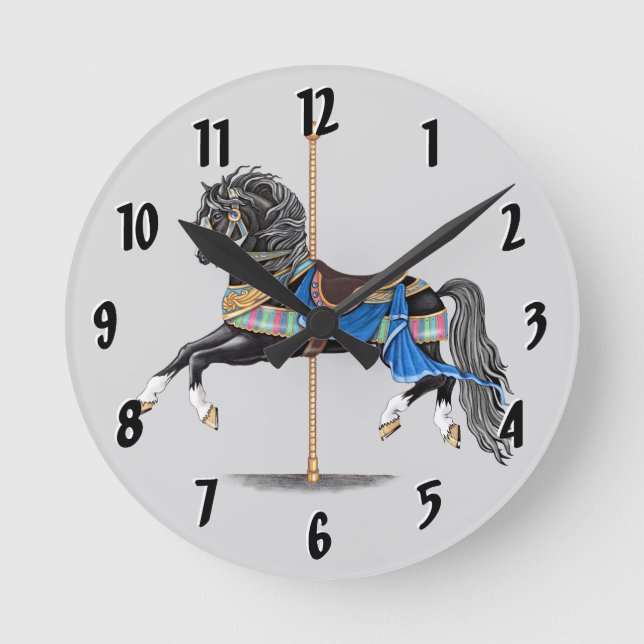 Horloge Ronde Cheval de Carrousel Noir (Recto)