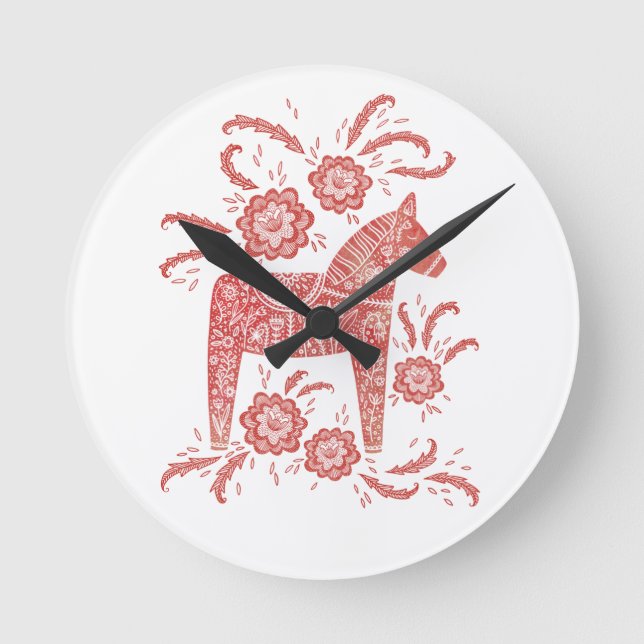 Horloge Ronde Cheval de Dala suédois Rouge et blanc (Recto)