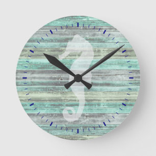 Horloge Ronde Cheval de mer à la décoration côtière rustique