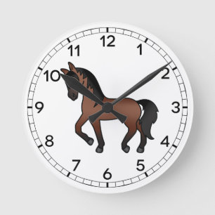 Horloge Ronde Cheval de Trotting Brun Bai Mignon de Dessin Animé