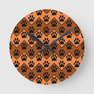 Horloge Ronde Chevron Orange Brown Avec Motif Paw Chien