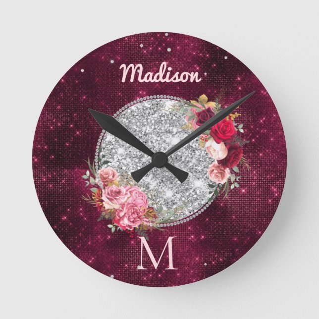 Horloge Ronde Chic faux argent Parties scintillant Bourgogne Flo (Recto)