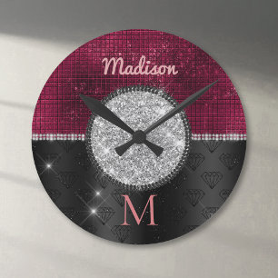 Horloge Ronde Chic faux paillettes argent Burgundy Noir monogram