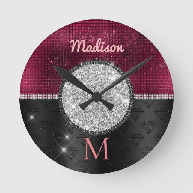 Horloge Ronde Chic faux Parties scintillant argent Bourgogne noi (Recto)