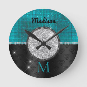 Horloge Ronde Chic faux Parties scintillant argent Turquoise noi