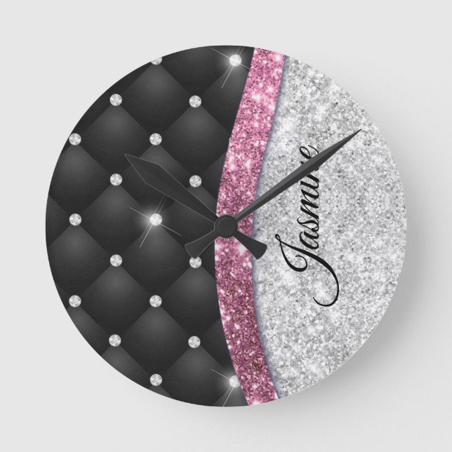 Horloge Ronde Chic girly faux parties scintillant argent noir ro (Recto)