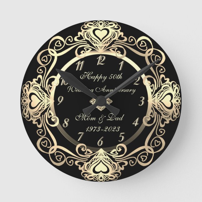 Horloge Ronde Chic Gold Swirls Hearts Diamond 50e Mariage (Recto)