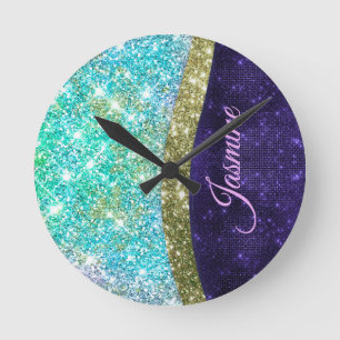 Horloge Ronde Chic irisé violet bleu faux parties scintillant mo