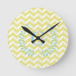 Horloge Ronde Chic Pastel Yellow Teal Chevron Custom