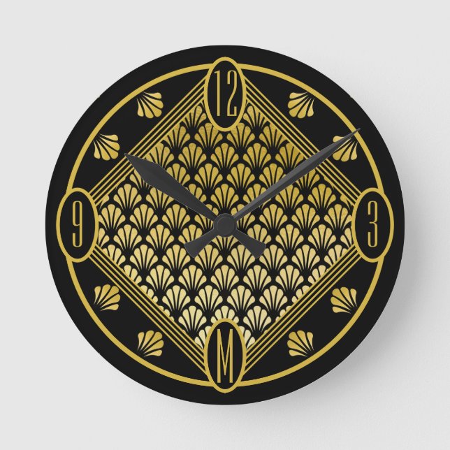 Horloge Ronde Chic Personnalisé Art Déco Ventilateur Motif Monog (Recto)