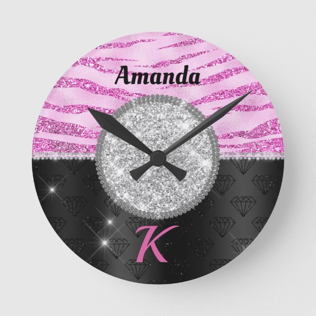 Horloge Ronde Chic rose noir faux parties scintillant poster de  (Recto)