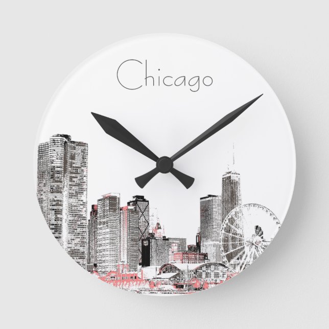Horloge Ronde Chicago Skyline modernise la grey pink design (Recto)