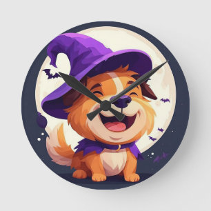 Horloge Ronde Chien adorable avec un chapeau de sorcière
