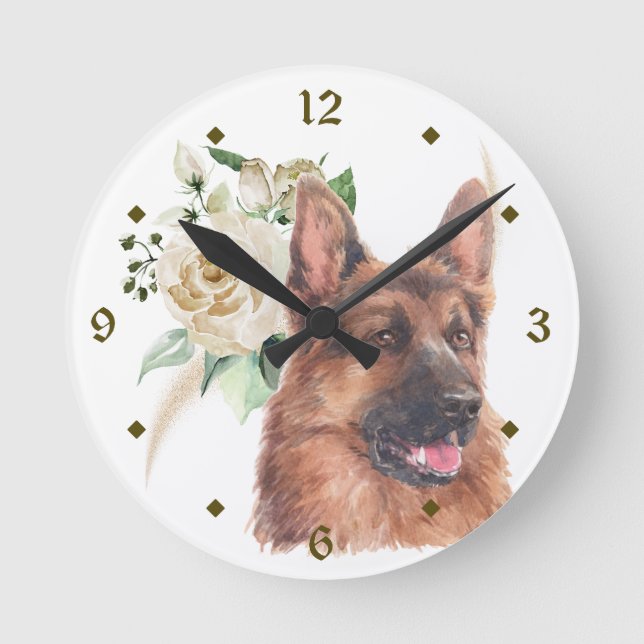 Horloge Ronde Chien berger allemand Bouquet de rose blanche Bouq (Recto)