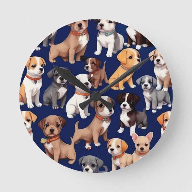 Horloge Ronde Chien Chien Chien bleu de la marine Design Motif (Recto)