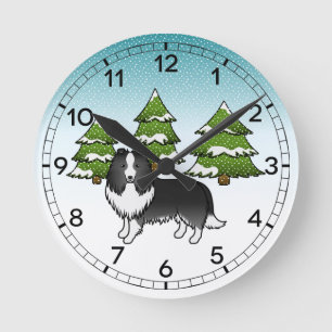 Horloge Ronde Chien-Drapeau De Shetland Bi-Noir Dans Une Forêt D