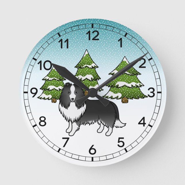 Horloge Ronde Chien-Drapeau De Shetland Bi-Noir Dans Une Forêt D (Recto)
