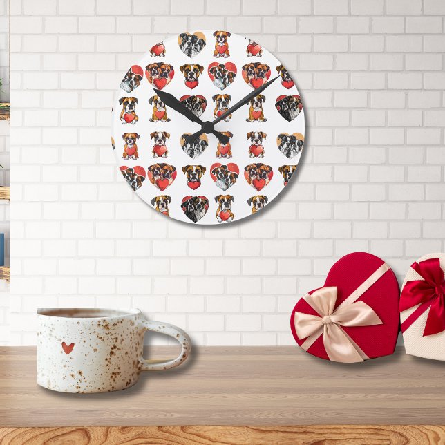 Horloge Ronde Chien et Coeur de boxe romantique Valentine (Romantic Boxer Dog and Heart Valentine Round Clock)