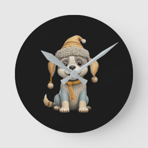Horloge Ronde Chien mignon avec vêtements d'hiver