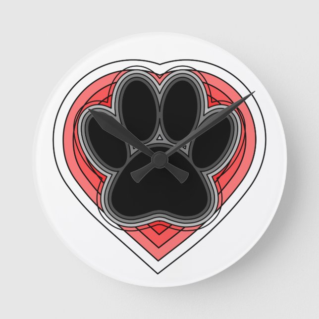 Horloge Ronde Chien Paw Dans Le Coeur Rouge Avec Les Outlines (Recto)